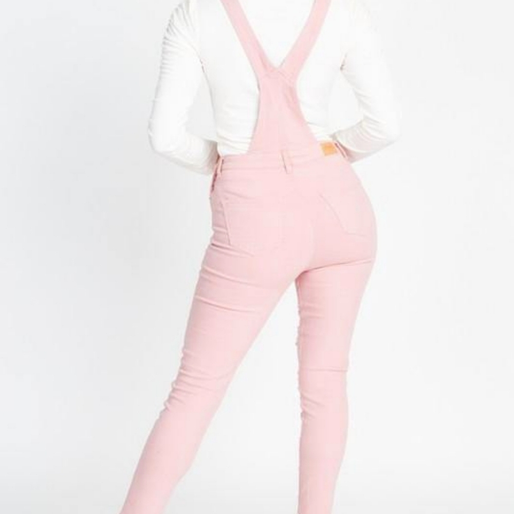 Dusty Rose Pink Distressed Denim Skinny Overalls - Picture 2 of 5